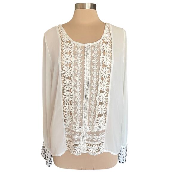 Double Zero Chiffon & Lace Sheer White Blouse Studded Cuffs Sz Large Feminine - Picture 2 of 10